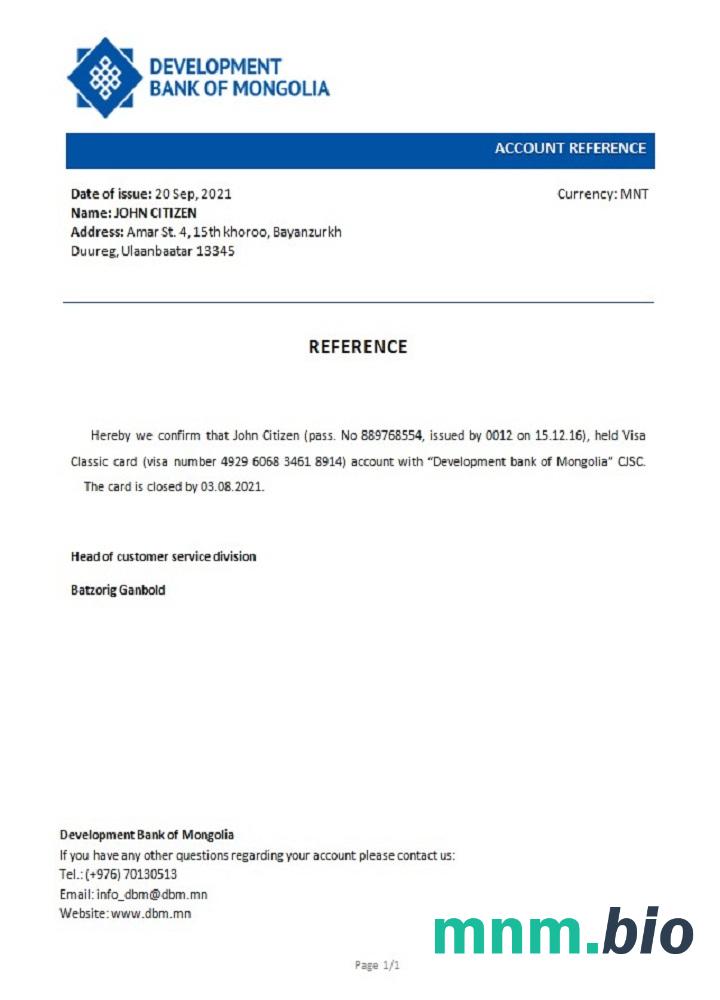 Bank Rozwoju Mongolii w Mongolii przykład odniesienia zamknięcia w formatach Word i PDF